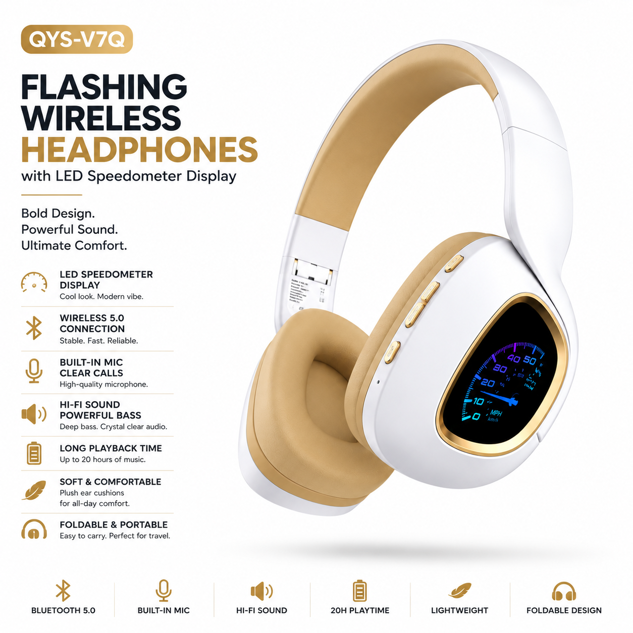 QYS-V7Q LED Flashing Wireless Headphones with Speedometer Display — Bluetooth Over-Ear Headset with Mic | Music, Gaming & Calls | UAE