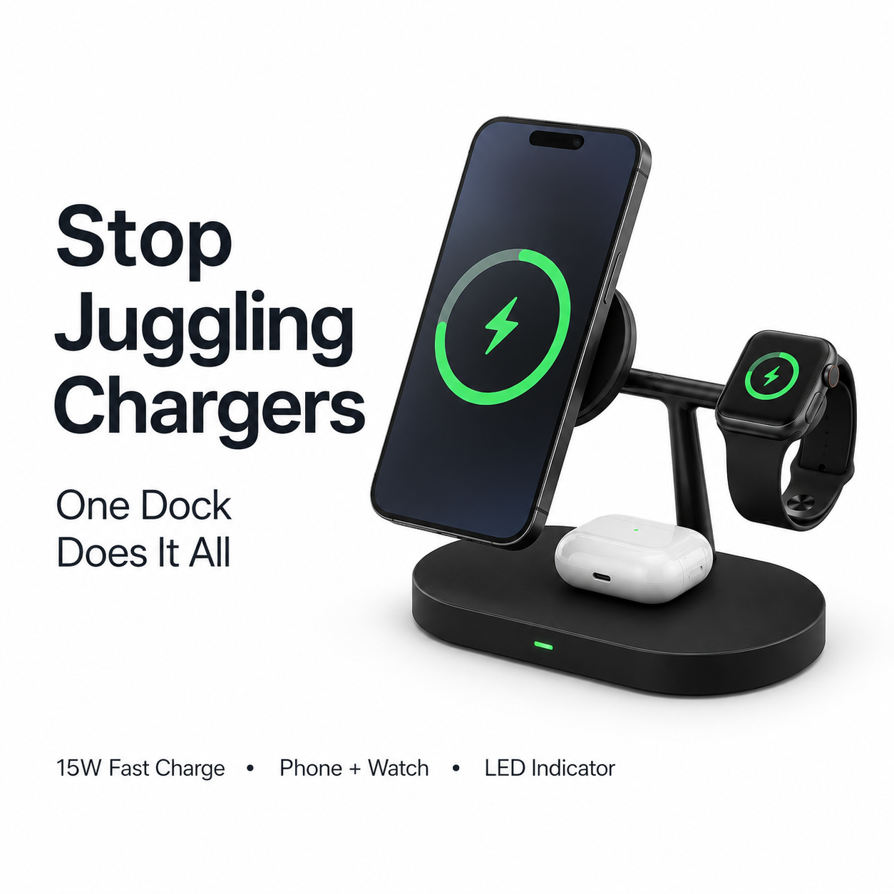 Multifunctional Wireless Charger UAE — 15W Fast Qi Charging Dock for Phone + Smartwatch | LED Indicator | CE FCC Certified | White & Black | Dubai Delivery