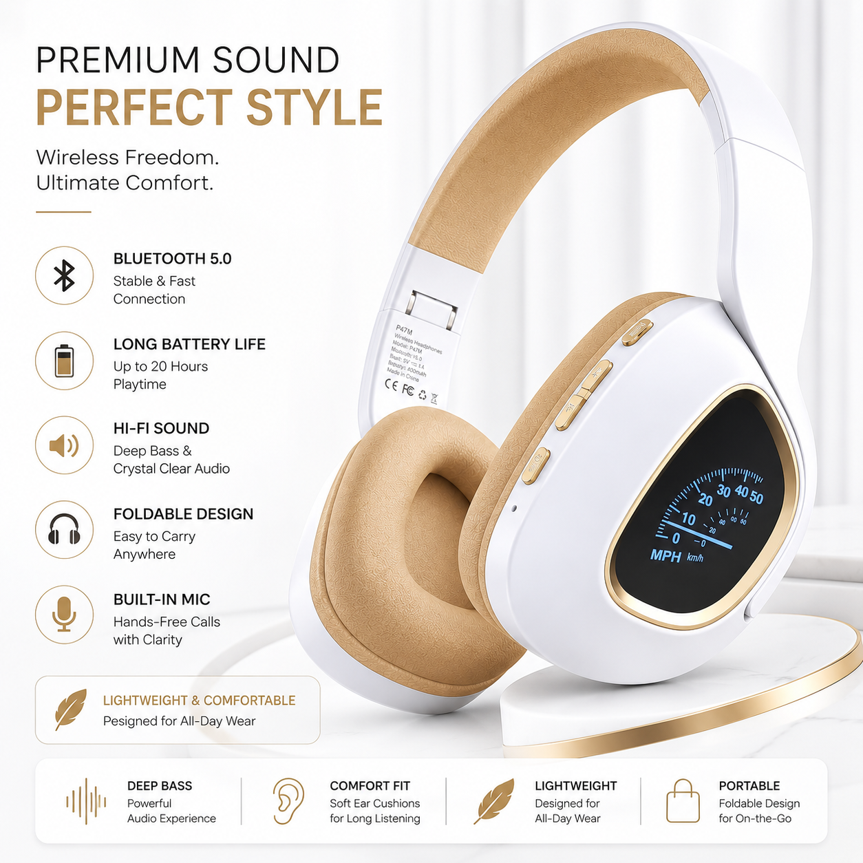 QYS-V7Q LED Flashing Wireless Headphones with Speedometer Display — Bluetooth Over-Ear Headset with Mic | Music, Gaming & Calls | UAE
