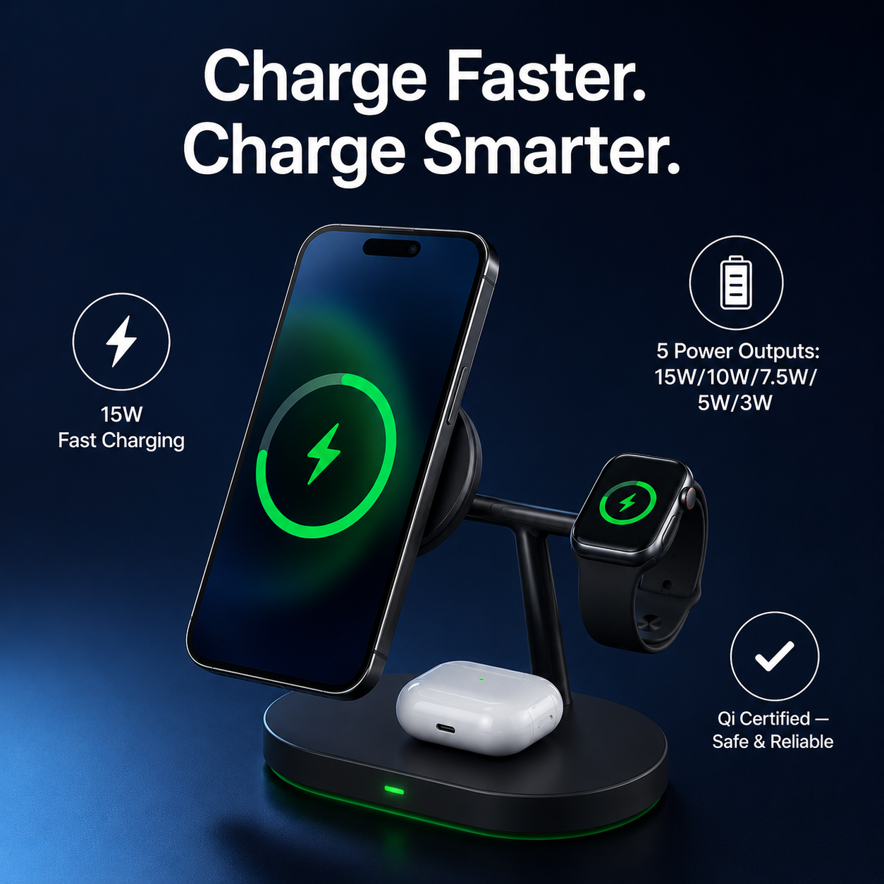 Multifunctional Wireless Charger UAE — 15W Fast Qi Charging Dock for Phone + Smartwatch | LED Indicator | CE FCC Certified | White & Black | Dubai Delivery