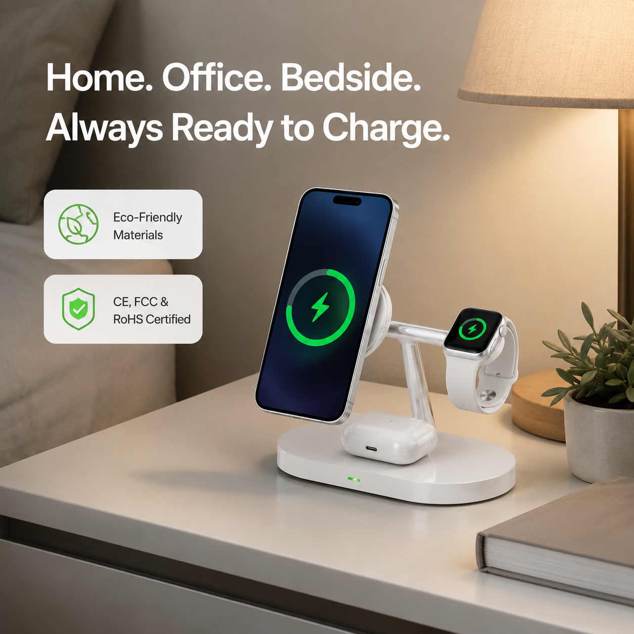 Multifunctional Wireless Charger UAE — 15W Fast Qi Charging Dock for Phone + Smartwatch | LED Indicator | CE FCC Certified | White & Black | Dubai Delivery