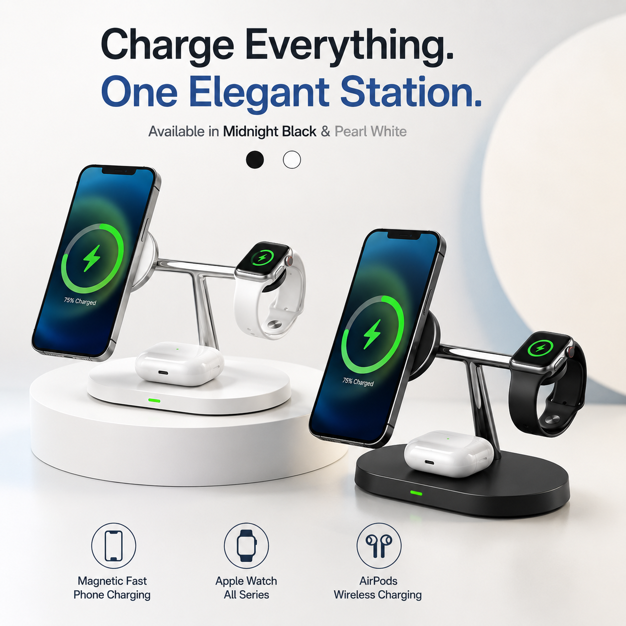 Multifunctional Wireless Charger UAE — 15W Fast Qi Charging Dock for Phone + Smartwatch | LED Indicator | CE FCC Certified | White & Black | Dubai Delivery
