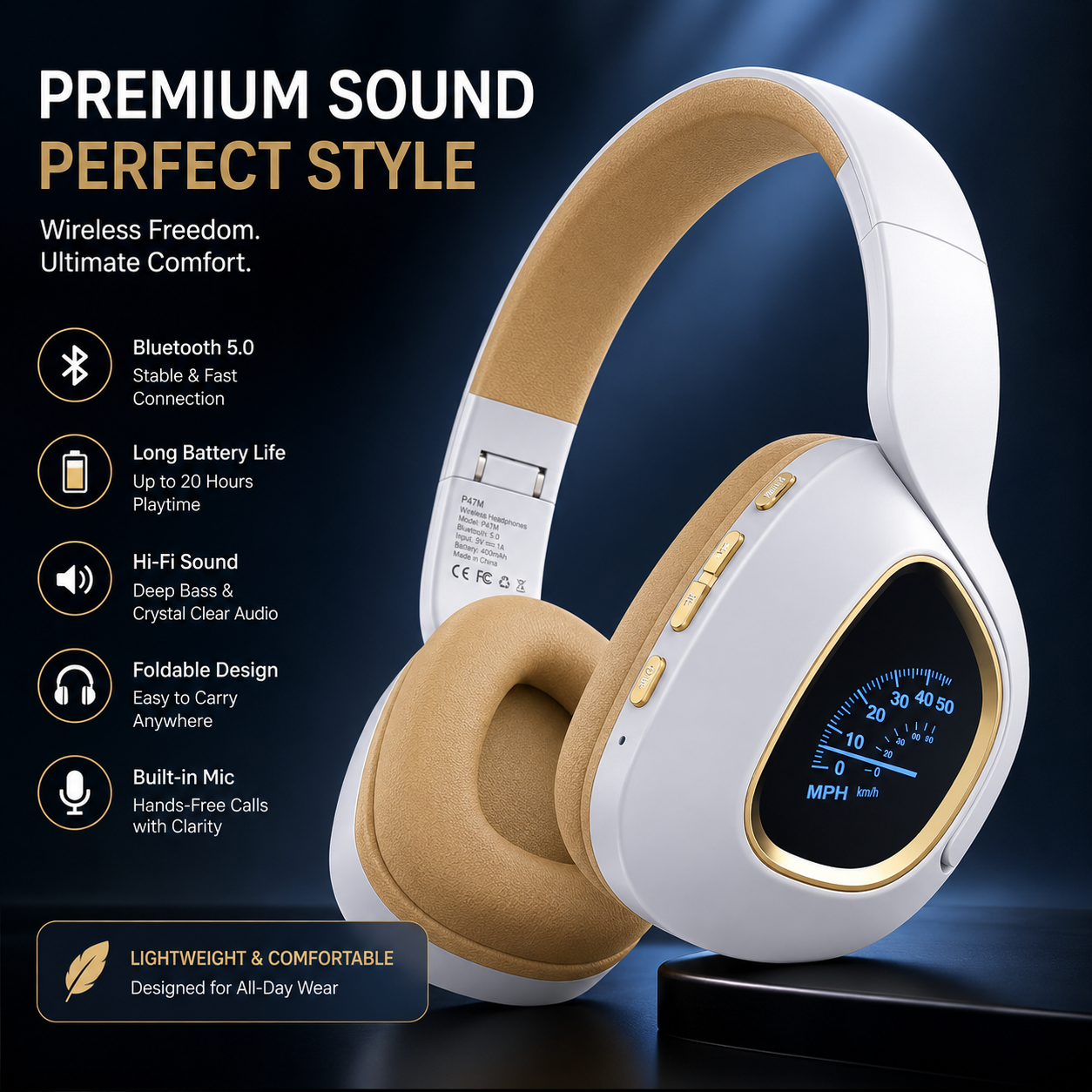 QYS-V7Q LED Flashing Wireless Headphones with Speedometer Display — Bluetooth Over-Ear Headset with Mic | Music, Gaming & Calls | UAE