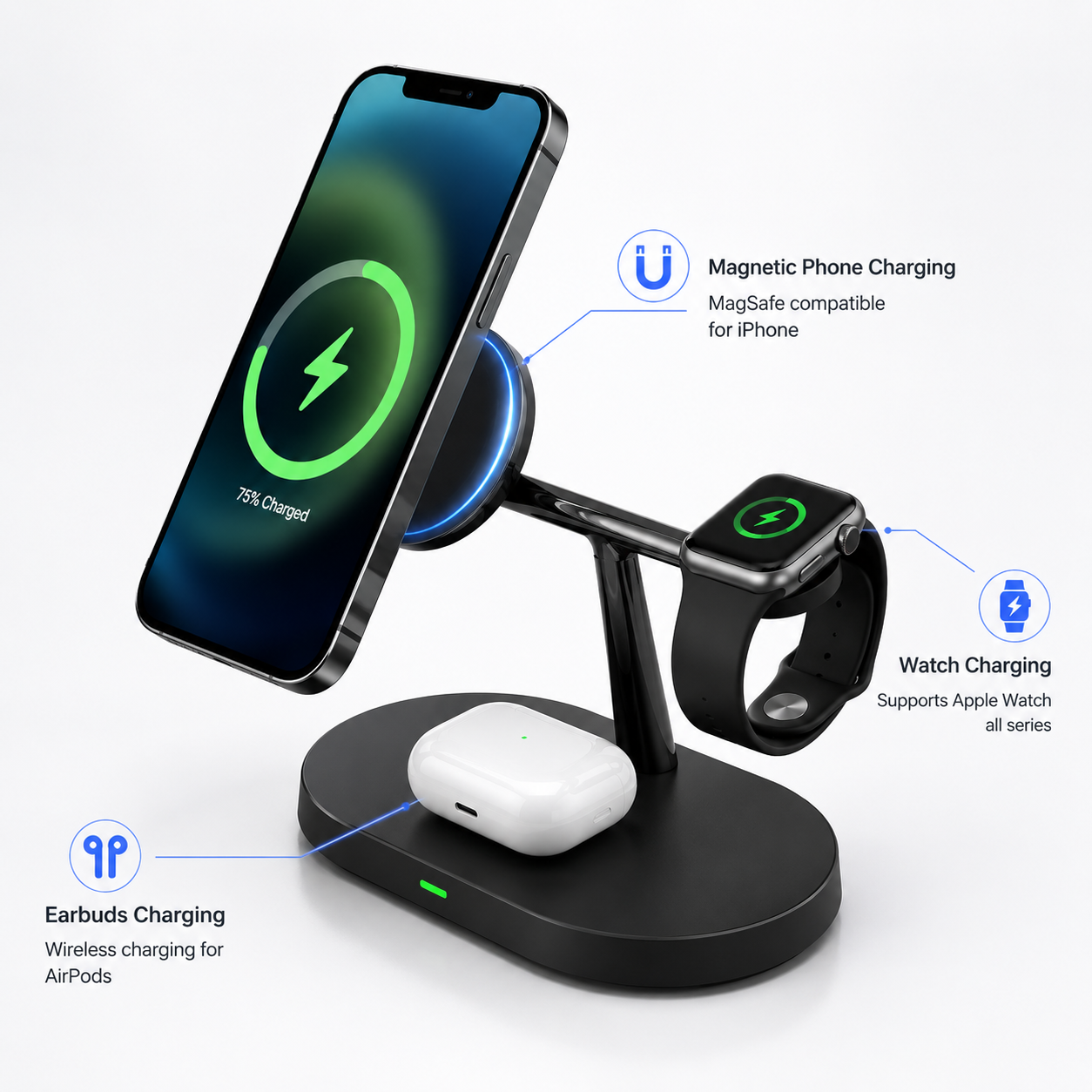 Multifunctional Wireless Charger UAE — 15W Fast Qi Charging Dock for Phone + Smartwatch | LED Indicator | CE FCC Certified | White & Black | Dubai Delivery
