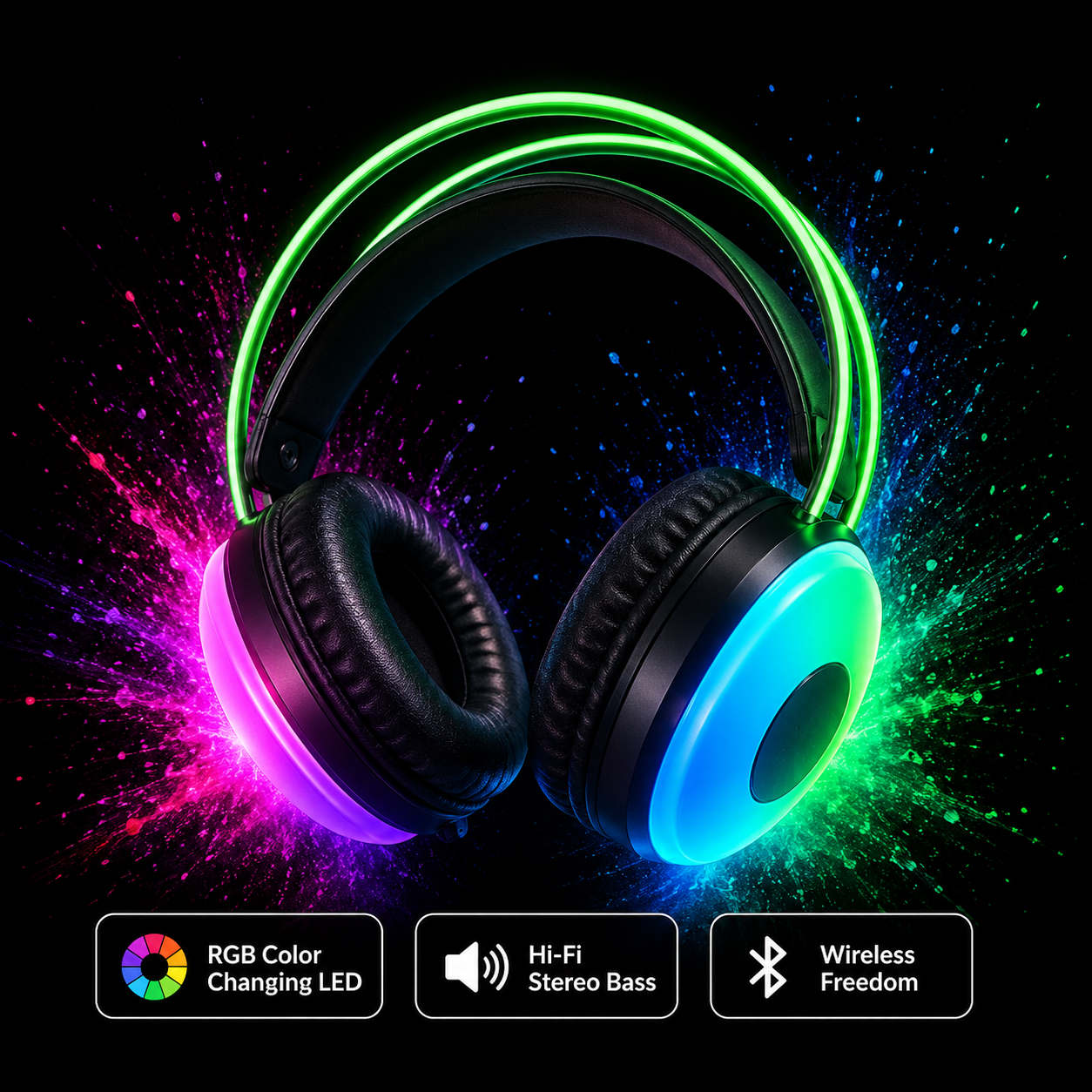 LED Wireless Headset UAE — Hi-Fi Stereo Sound with RGB Lighting, Built-in Mic & Bluetooth | Gaming, Music & Online Classes | UAE Delivery