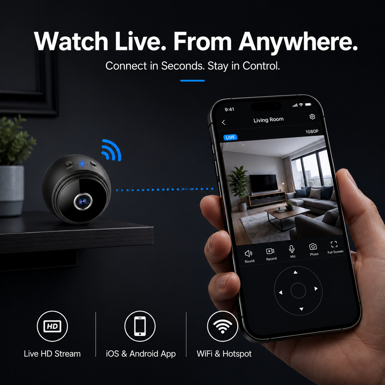 Buy the A9 Mini Wireless Security Camera in UAE. 1080P HD, night vision, motion detection, Wi-Fi, 150° wide angle & magnetic base.
